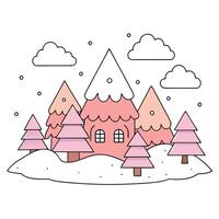 Pink christmas trees and houses in a forest at sunrise in a snowy sceney with clouds. illustration vector