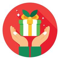 Hands with small christmas gift box on red background. vector