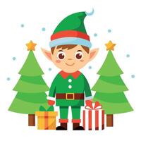 An adorable elf with Christmas gifts and merry christmas background with pine trees. vector