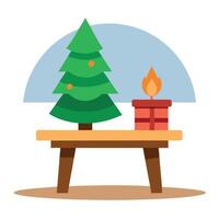 Wood table with blurry christmas tree and fireplace background with copy space vector