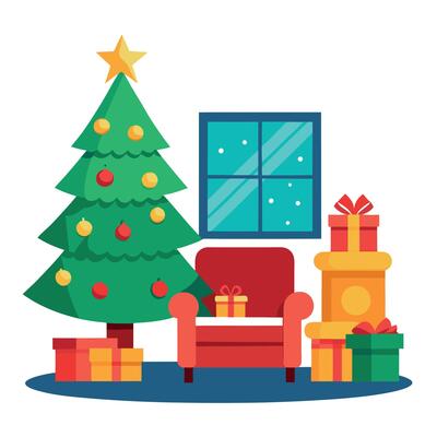 Living room decorated for christmas with christmas tree in the corner of the room.