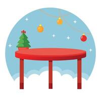 Red empty wood table with Christmas decor and blurred background with lights vector