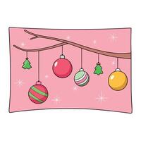 A pink background with christmas ornaments hanging from a tree branch. vector