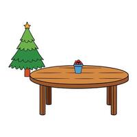 Wood dining table with copy space and christmas tree in the background vector