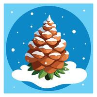 Pine cone covered with snow on a blue background. christmas greeting card. vector