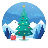 A christmas tree and a ball in front of a snowy mountain vector