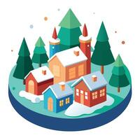 A winter Christmas village with buildings and snowfall. Festive Holiday background 3D illustration. vector