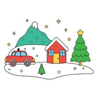 A painting of a christmas scene with a house and a car in the snow with presents on the ground. vector