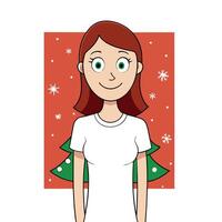 White tshirt worn by female model on christmas themed background for mock up vector