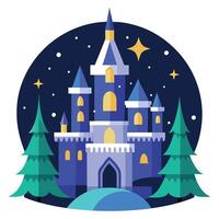 Magical fairy tale castle with christmas trees at night vector