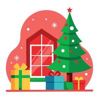 Cristmas backdrop with xmas tree. gifts and red windows vector