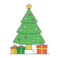 Decorated Christmas tree and gift boxes. Space for text. vector