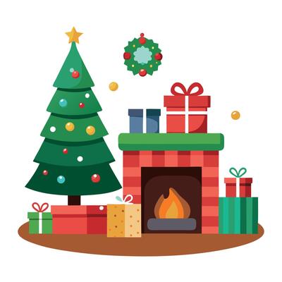 A living room decorated for Christmas with a tree. fireplace. presents. and a wreath