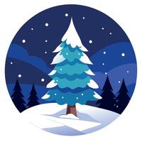 Snow covered christmas tree in winter forest with copy space at night vector