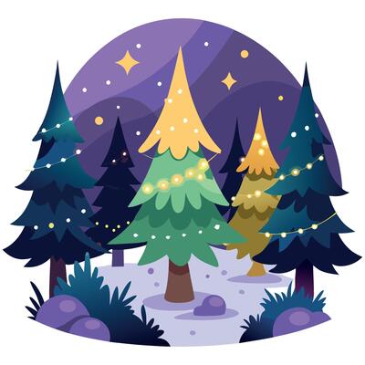 Magical forest with christmas trees and glowing lights