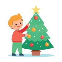 A child putting up the christmas tree decorations in warm soft lighting vector