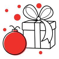 Gift box with red ribbon and red christmas ball in front of bokeh red background. vector
