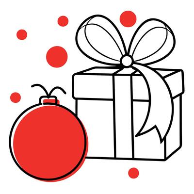 Gift box with red ribbon and red christmas ball in front of bokeh red background.