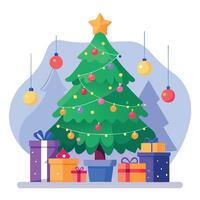 New Year's tree decorated with New Year's balls and garlands in the interiors with gifts vector