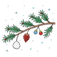 Frosty conifer branch. cones and christmas decorations on snowfall with copy space vector