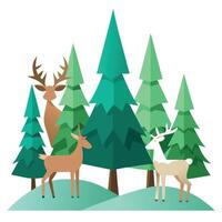 A group of paper christmas trees and deer. background with copy space. vector