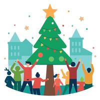 Blur crowd celebrate with Christmas tree at festive venue background vector