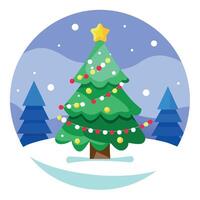 Christmas winter blurred background. Xmas tree with snow decorated with garland lights. vector