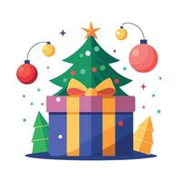 Background of Christmas tree lights and ornaments in a present box vector