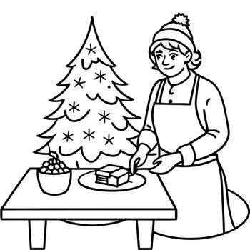 un persona preparando comida en un mesa en frente de un Navidad árbol. imaginario fotorrealista imagen. vector