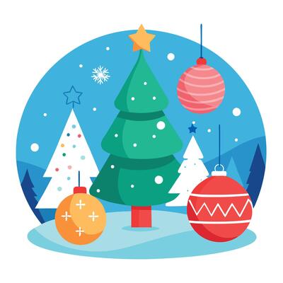 Magical Christmas background with Christmas toys and Christmas trees