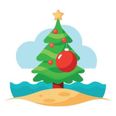 Christmas tree with red christmas ball on the beach.