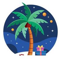 Palm tree in Christmas decoration with presents on exotic beach at night vector