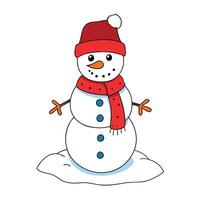 contento linda monigote de nieve con rojo bufanda y sombrero en el nieve - vector