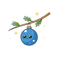 Christmas tree branch with blue bauble and bokeh lights background. vector