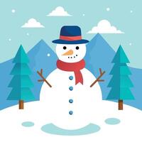 Snowman standing in a winter landscape in christmas mood vector