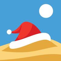 Close up of Santa's hat on a sand dune in the middle of the desert. Sunny day and blue sky. vector