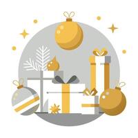 Silver and gold Christmas presents and ornaments flatlay background with empty space vector