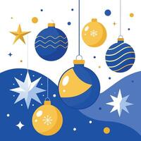 Modern Blue Christmas background with gold stars. balls. Greeting card design. Happy New Year vector
