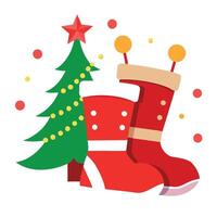 Red Christmas boots with a Christmas tree in the background and lights. Santa Claus boots vector