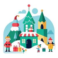 Santa's workshop in the North Pole. bustling with elves and toys. watercolor style. white background vector