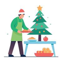 A person preparing food on a table in front of a christmas tree. Imaginary photorealistic image. vector