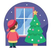 A little girl looking out a window at a christmas tree vector