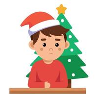 Images. Pensive serious boy wearing Santa hat and sitting at the table next to the Christmas tree vector