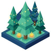 3D art. Magical forest with christmas trees and glowing lights vector