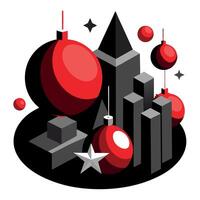 3D abstract Christmas dark background with red Christmas ornaments vector