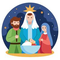 Christmas nativity with lights background. Mary and Joseph with the newborn Jesus. vector