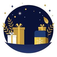 Elegant christmas card with golden gifts and large space for text on dark blue background vector