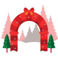 Red christmas arch for New Year's gifts with an empty mine space in the winter frosty forest. vector