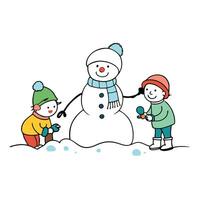 Happy family playing in the snow and making a snowman. copy space. Created with technology. vector