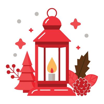Red lantern on a white background with a candle. pinecones. and a star. Christmas themed decor.